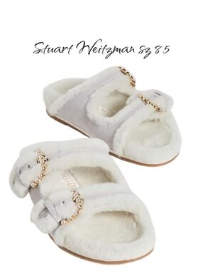 Stuart Weitzman Piper Chill Shearling Slide Sandals Pearl Buckle Perla 8.5